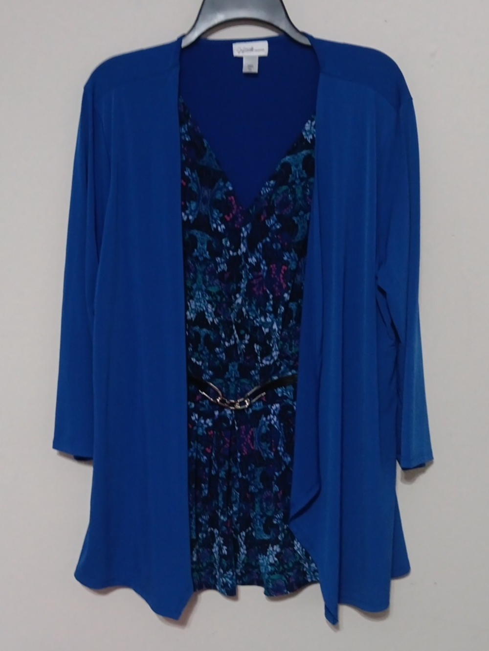 Jaclyn Smith Royal Blue Open-Front Cardigan with Multicolor Patterned Tank